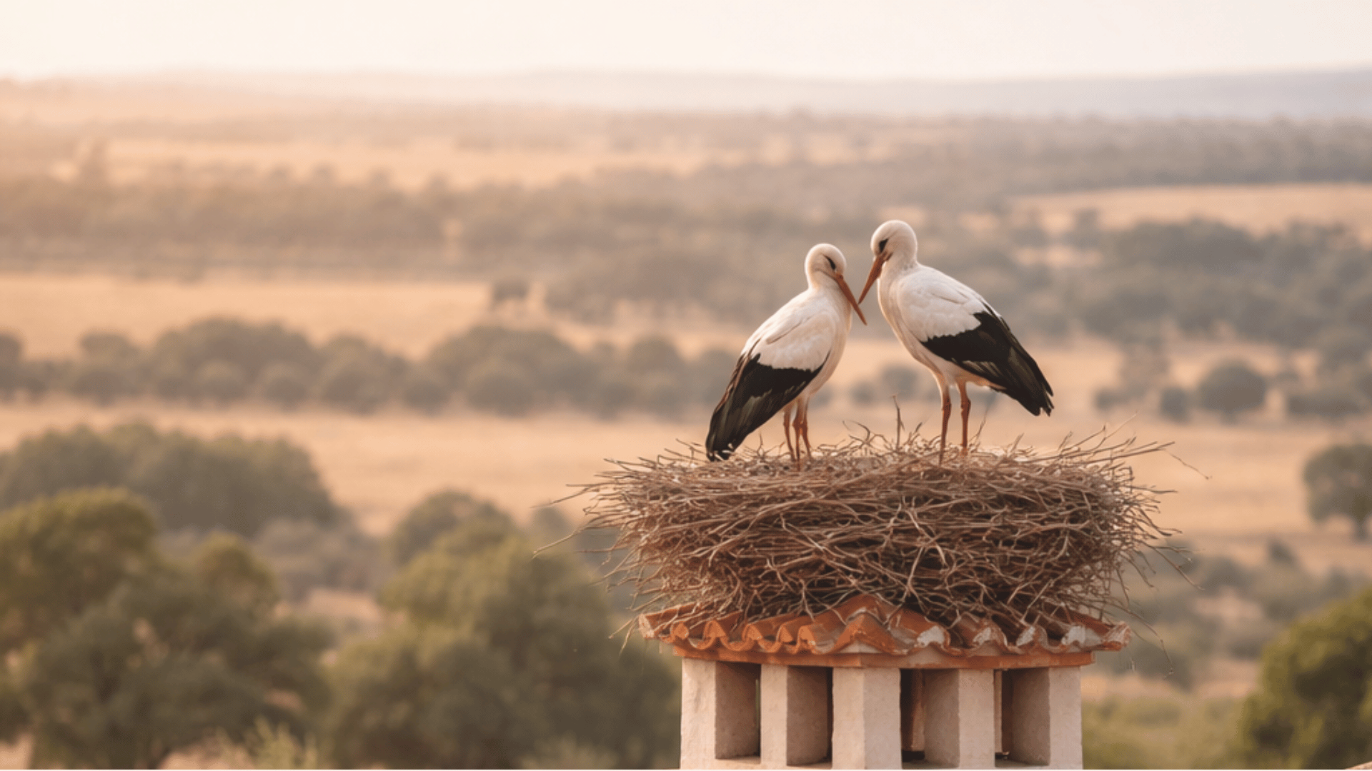 Storks nesting above the Alentejo landscape